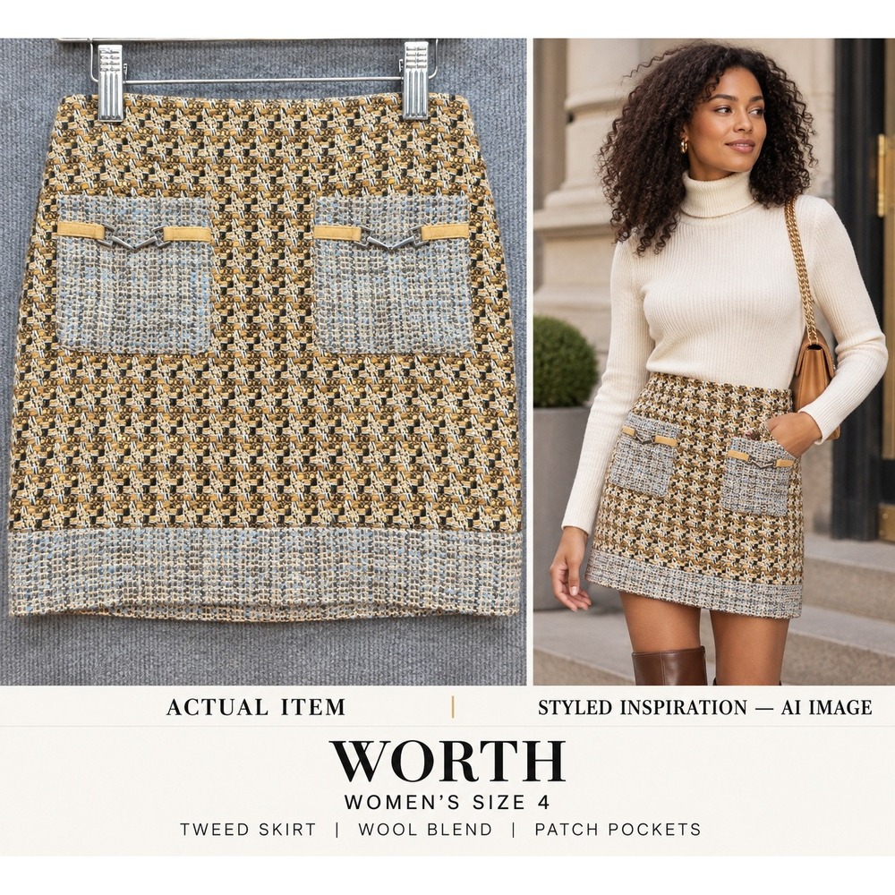Worth Tweed Mini Skirt Womens Wool Blend Patch Pockets Brown Size 4 Excellent